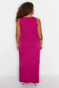 Trendyol Curve Fuchsia shift Crew Neck slit 100% Cotton Maxi/LONG Knitting Dress - Image 5