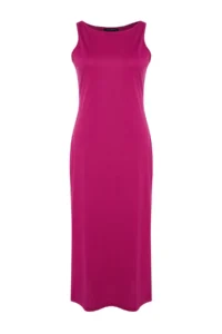 Trendyol Curve Fuchsia shift Crew Neck slit 100% Cotton Maxi/LONG Knitting Dress - Image 6