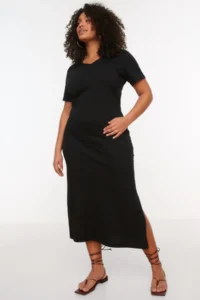 Trendyol Curve Black V-neck slit Maxi/LONG 100% Cotton Knitting Dress