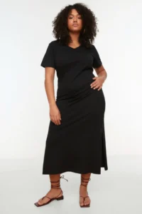Trendyol Curve Black V-neck slit Maxi/LONG 100% Cotton Knitting Dress - Image 2