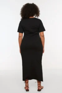 Trendyol Curve Black V-neck slit Maxi/LONG 100% Cotton Knitting Dress - Image 5
