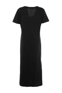 Trendyol Curve Black V-neck slit Maxi/LONG 100% Cotton Knitting Dress - Image 8