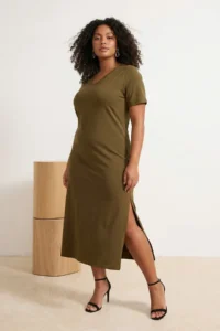 Trendyol Curve Khaki single jersey Knitting Plus Size Dress - Image 2