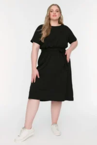 Trendyol Curve Black Belted Knitting Crew Neck 100% Cotton Dress
