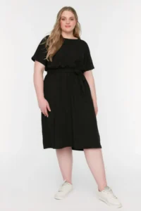 Trendyol Curve Black Belted Knitting Crew Neck 100% Cotton Dress - Image 2