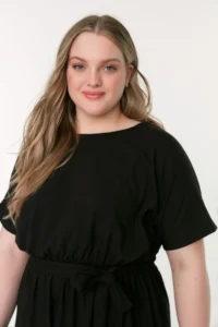 Trendyol Curve Black Belted Knitting Crew Neck 100% Cotton Dress - Image 3