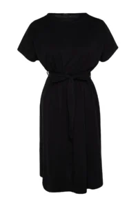 Trendyol Curve Black Belted Knitting Crew Neck 100% Cotton Dress - Image 6