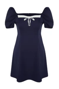 Trendyol Curve Navy Blue Weaving Collar Detailed Dress - Image 5