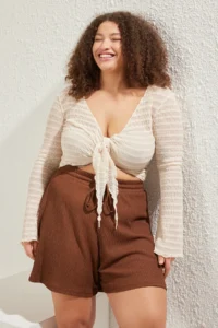 Trendyol Curve Brown Elastic Waist Plus Size Knitting Shorts - Image 2