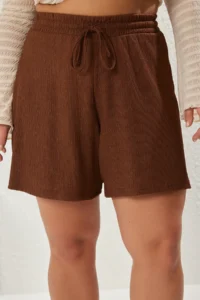 Trendyol Curve Brown Elastic Waist Plus Size Knitting Shorts - Image 4