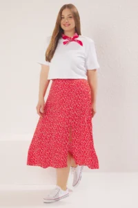 Trendyol Curve Rejection Crispy Floral slit Weaving Midi Viscose Skirt - Image 2
