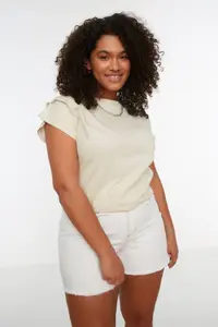 Trendyol Curve Stone Crew Neck Kol Detailed 100% Cotton Knitting T-Shirt - Image 3