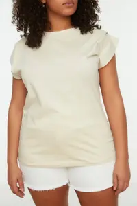 Trendyol Curve Stone Crew Neck Kol Detailed 100% Cotton Knitting T-Shirt - Image 4