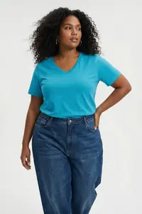 Trendyol Curve Petrol V-neck Basic 100% Cotton Knitting T-Shirt