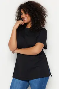 Trendyol Curve Black relaxed Crew Neck slit 100% Cotton Knitting T-Shirt - Image 2