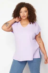 Trendyol Curve Lilac relaxed V-neck slit 100% Cotton Knitting T-Shirt