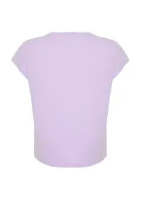Trendyol Curve Lilac relaxed V-neck slit 100% Cotton Knitting T-Shirt - Image 8