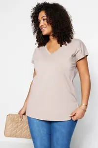 Trendyol Curve Mink relaxed V-neck slit 100% Cotton Knitting T-Shirt - Image 2