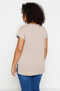 Trendyol Curve Mink relaxed V-neck slit 100% Cotton Knitting T-Shirt - Image 5