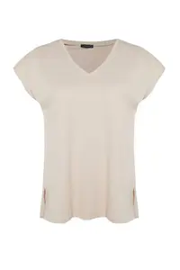Trendyol Curve Mink relaxed V-neck slit 100% Cotton Knitting T-Shirt - Image 6