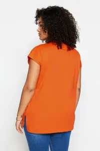 Trendyol Curve Orange relaxed V-neck slit 100% Cotton Knitting T-Shirt - Image 5