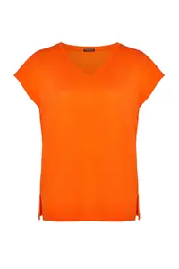 Trendyol Curve Orange relaxed V-neck slit 100% Cotton Knitting T-Shirt - Image 6