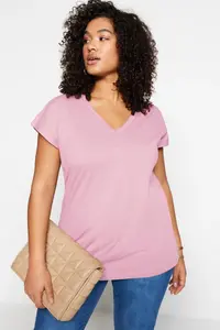 Trendyol Curve Pink relaxed V-neck slit 100% Cotton Knitting T-Shirt