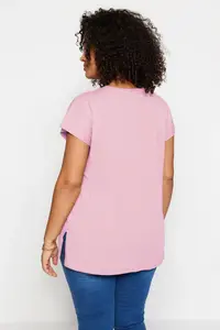 Trendyol Curve Pink relaxed V-neck slit 100% Cotton Knitting T-Shirt - Image 5