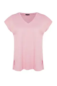 Trendyol Curve Pink relaxed V-neck slit 100% Cotton Knitting T-Shirt - Image 6