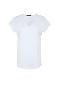 Trendyol Curve White relaxed V-neck slit 100% Cotton Knitting T-Shirt - Image 6