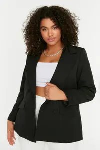 Trendyol Curve Black Double Closure Weaving Blazer Jacket - Image 2