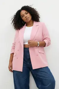 Trendyol Curve Light Pink Double Closure Weaving Blazer Plus Size Jacket