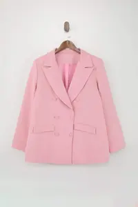 Trendyol Curve Light Pink Double Closure Weaving Blazer Plus Size Jacket - Image 3