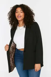 Trendyol Curve Black Leopard Lining Detailed Blazer Weaving Jacket