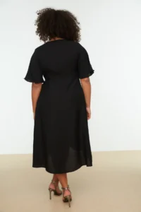 Trendyol Curve Black Plain wrap Midi Weaving Plus Size Dress - Image 5