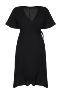 Trendyol Curve Black Plain wrap Midi Weaving Plus Size Dress - Image 6