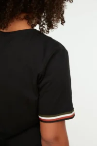 Trendyol Curve Black Crew Neck 100% Cotton Sleeves with Bias Detail Knitting Plus Size T-Shirt Dress - Image 4