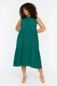 Trendyol Curve Emerald Green shift/Plain Cut Dog collar Midi Weaving Dress - Image 2