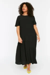 Trendyol Curve Black Short Sleeve Weaving with flywheel Midi Plus Size Dress - Image 2