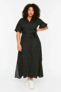 Trendyol Curve Black Polka Dot Belted Midi Plus Size Weaving Dress