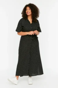 Trendyol Curve Black Polka Dot Belted Midi Plus Size Weaving Dress - Image 2