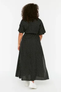 Trendyol Curve Black Polka Dot Belted Midi Plus Size Weaving Dress - Image 5