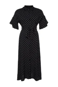 Trendyol Curve Black Polka Dot Belted Midi Plus Size Weaving Dress - Image 6