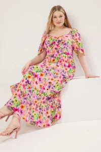 Trendyol Curve Multicolored-Pink flower patterned Weaving Ruffle Detailed Dress - Image 2