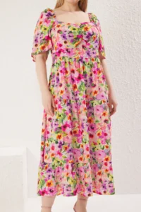 Trendyol Curve Multicolored-Pink flower patterned Weaving Ruffle Detailed Dress - Image 3