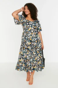 Trendyol Curve Multicolored flower patterned Weaving Ruffle Detailed Dress