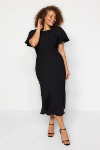 Trendyol Curve Black Fitted/Body-Fitting Weaving Sleeves with flywheel Lined Midi Dress - Image 3