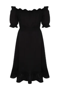 Trendyol Curve Black Weaving Shirred Carmen Collar Dress - Image 8