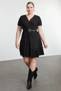 Trendyol Curve Black V-neck Stakter Knitting Plus Size Dress