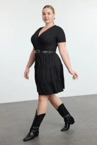 Trendyol Curve Black V-neck Stakter Knitting Plus Size Dress - Image 2